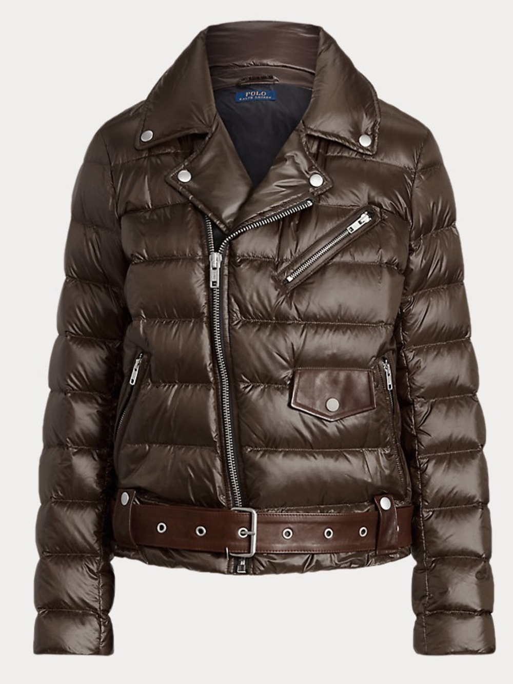 Polo by Ralph Lauren Shiny Brown Quilted Puffer Moto Jacket Size S